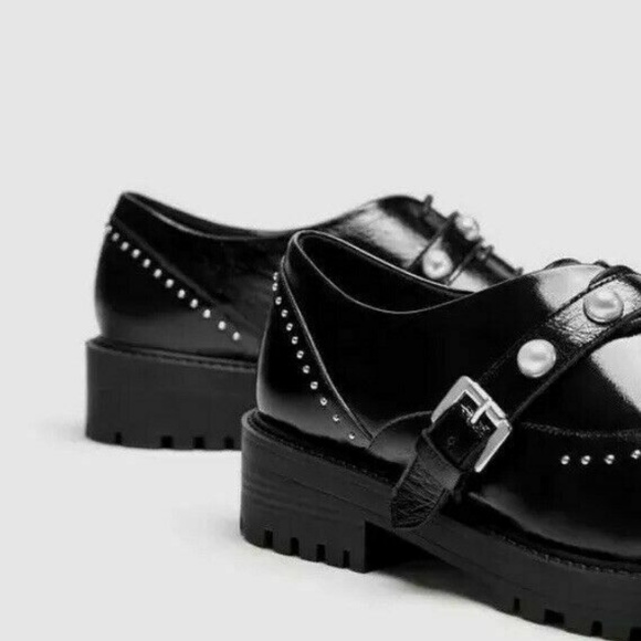ZARA LEATHER DERBY SHOES W/ PEARLS & STUDS NEW - Picture 6 of 7